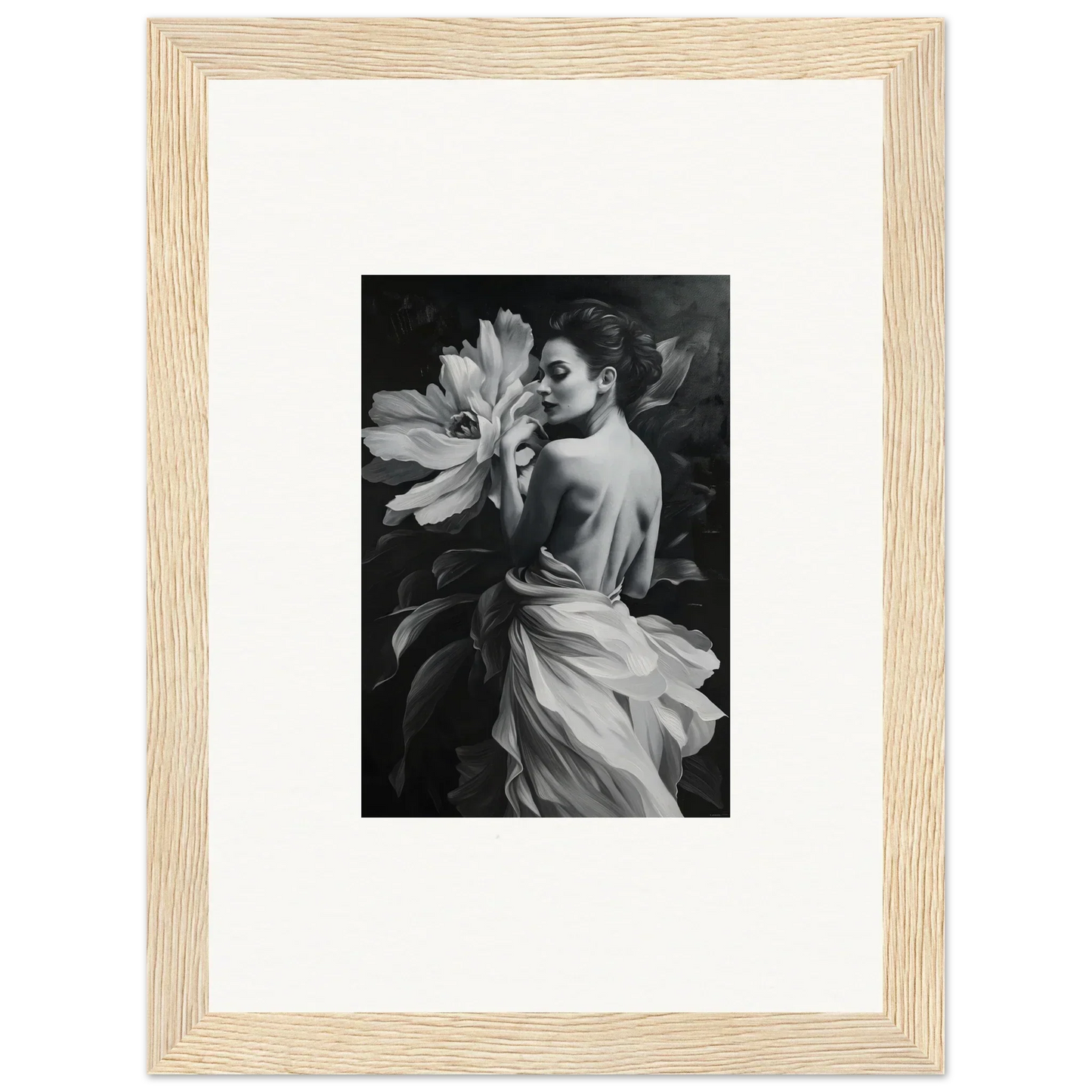 Framed black and white photograph of large flower for Blossom Rhapsody room decor