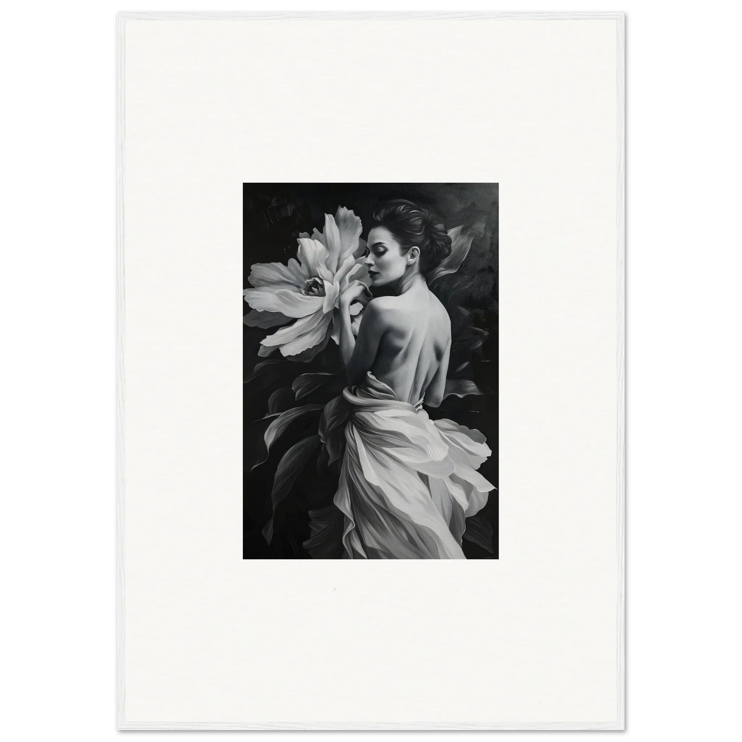 Black and white photo of a woman with a flower, perfect for Blossom Rhapsody room decor