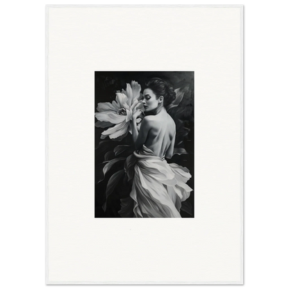 Black and white photo of a woman with a flower, perfect for Blossom Rhapsody room decor