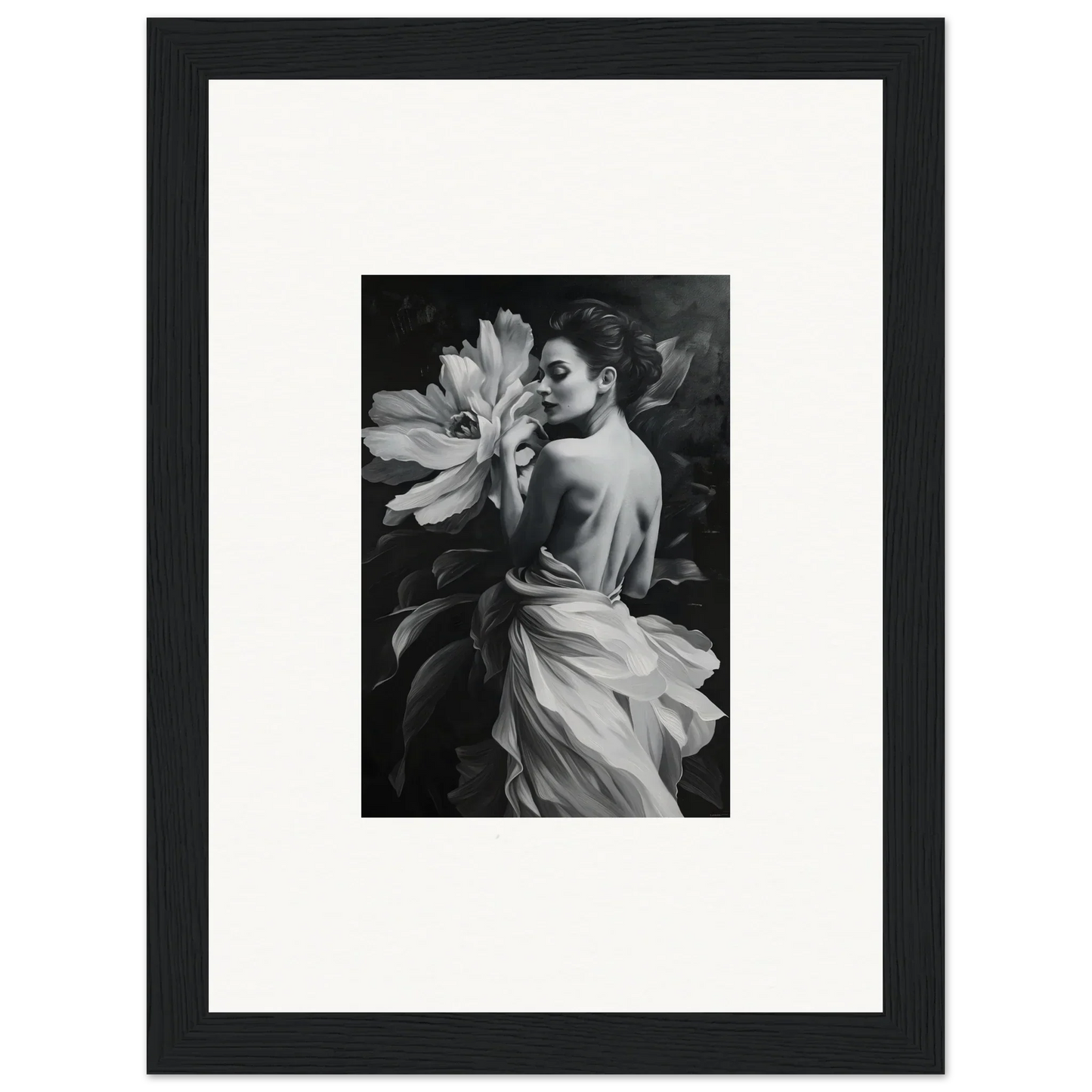 Black and white photo of a woman with a large flower, perfect for Blossom Rhapsody room decor