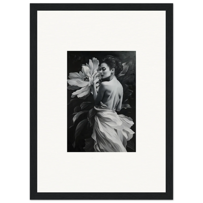 Black and white photo of woman with flower for Blossom Rhapsody framed wall art