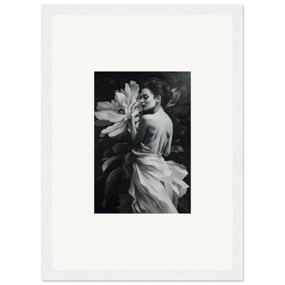 Black and white photo of a woman with a flower in Framed Wall Art for Blossom Rhapsody room decor