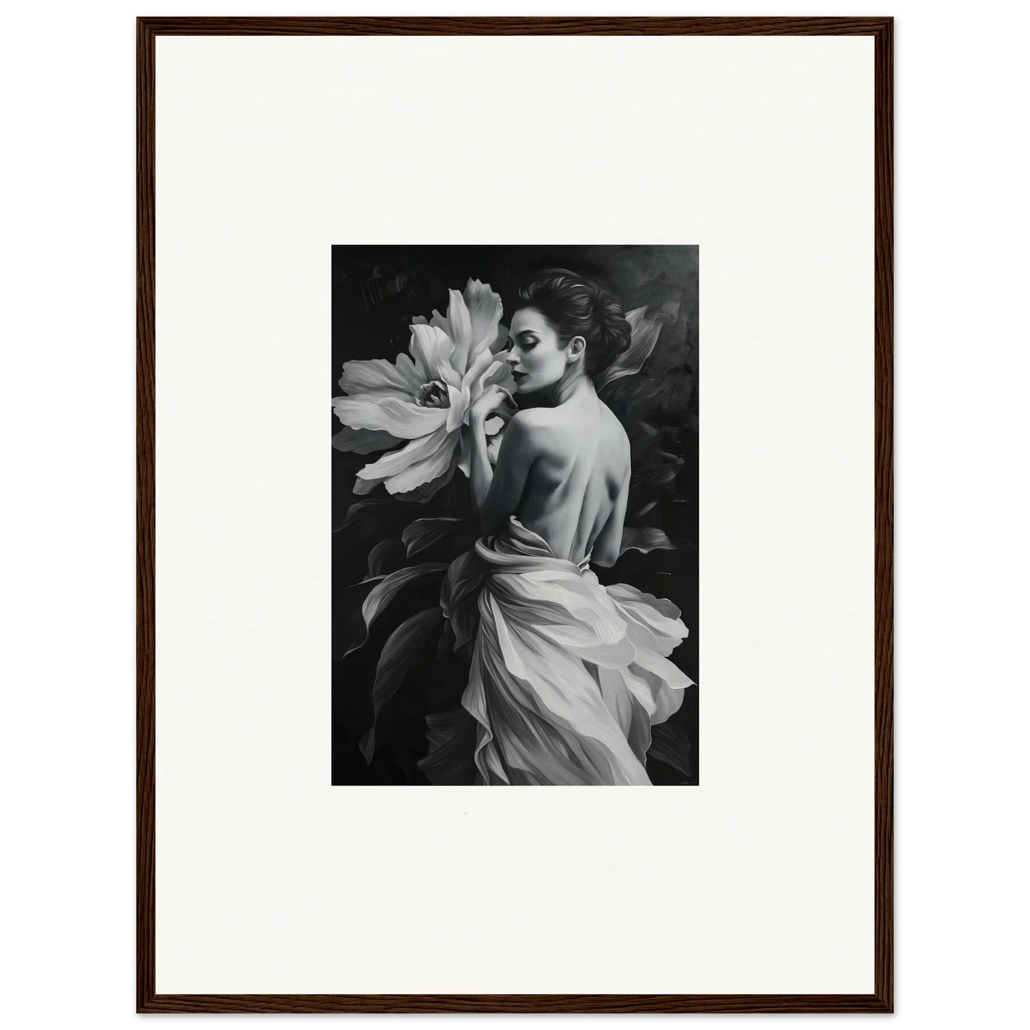 Black and white photo of a person’s back with a flower for Blossom Rhapsody room decor