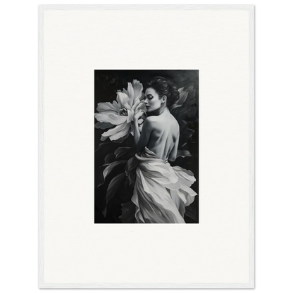 Black and white photograph of a person with a large flower for Blossom Rhapsody wall art