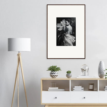 Framed black and white wall art of a person with a large flower for Blossom Rhapsody room decor