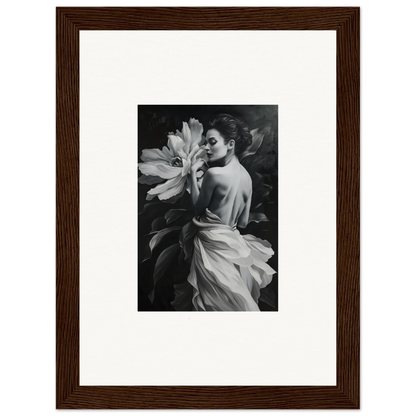 Framed black and white wall art of woman with large flower, Blossom Rhapsody room decor