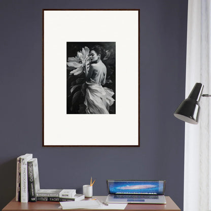 Framed black and white photograph of person with large flower for Blossom Rhapsody room decor