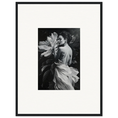 Black and white photo of a person with flower petals, perfect for Blossom Rhapsody room decor