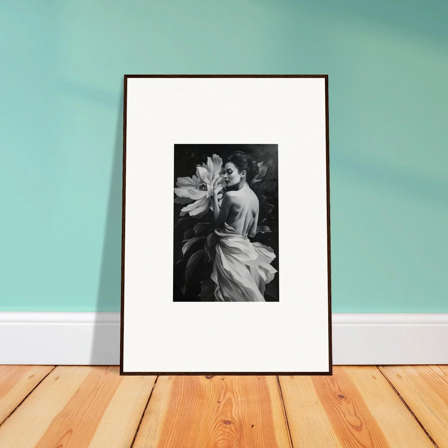 Framed black and white photograph of a person highlighting blossom rhapsody for room decor