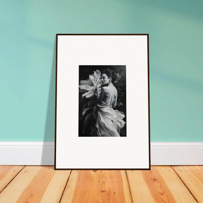 Framed black and white photograph of a person highlighting blossom rhapsody for room decor