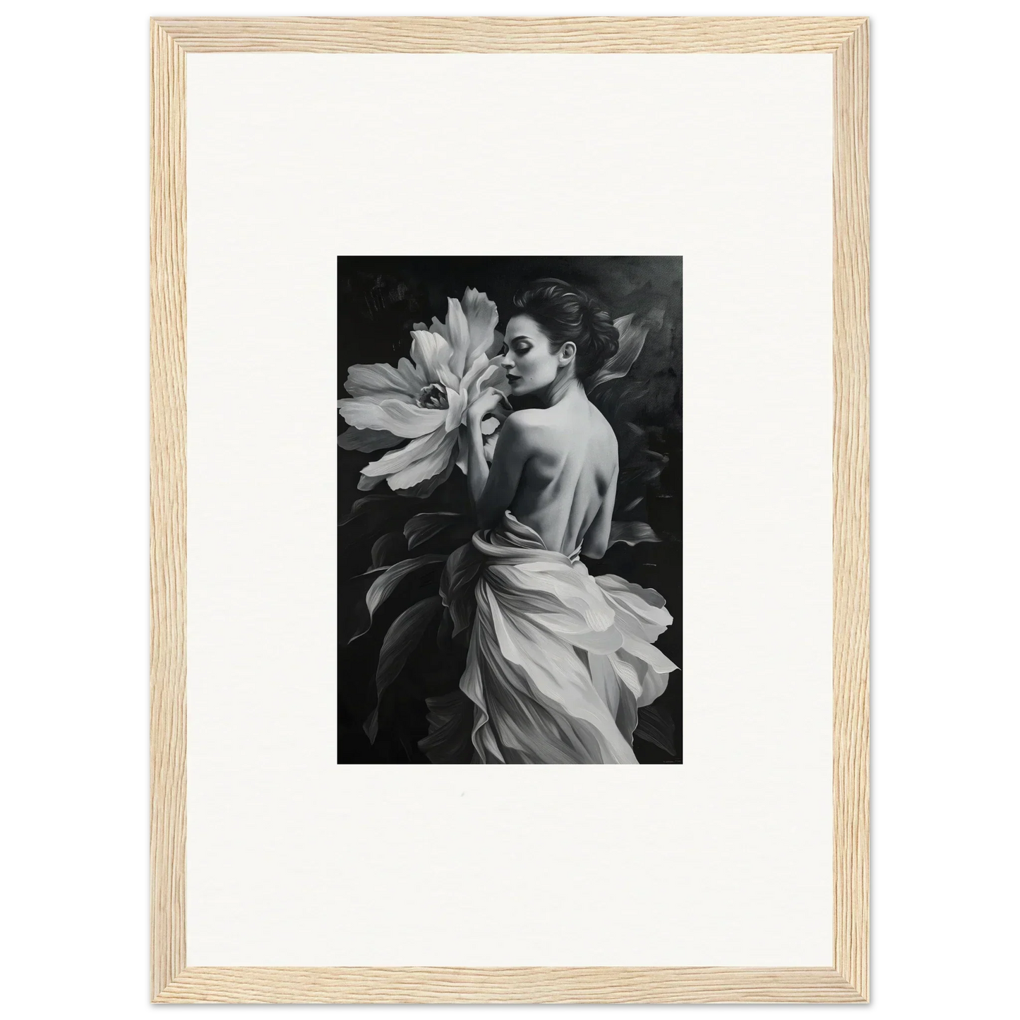 Black and white woman with flower in light wood frame, perfect for Blossom Rhapsody room decor