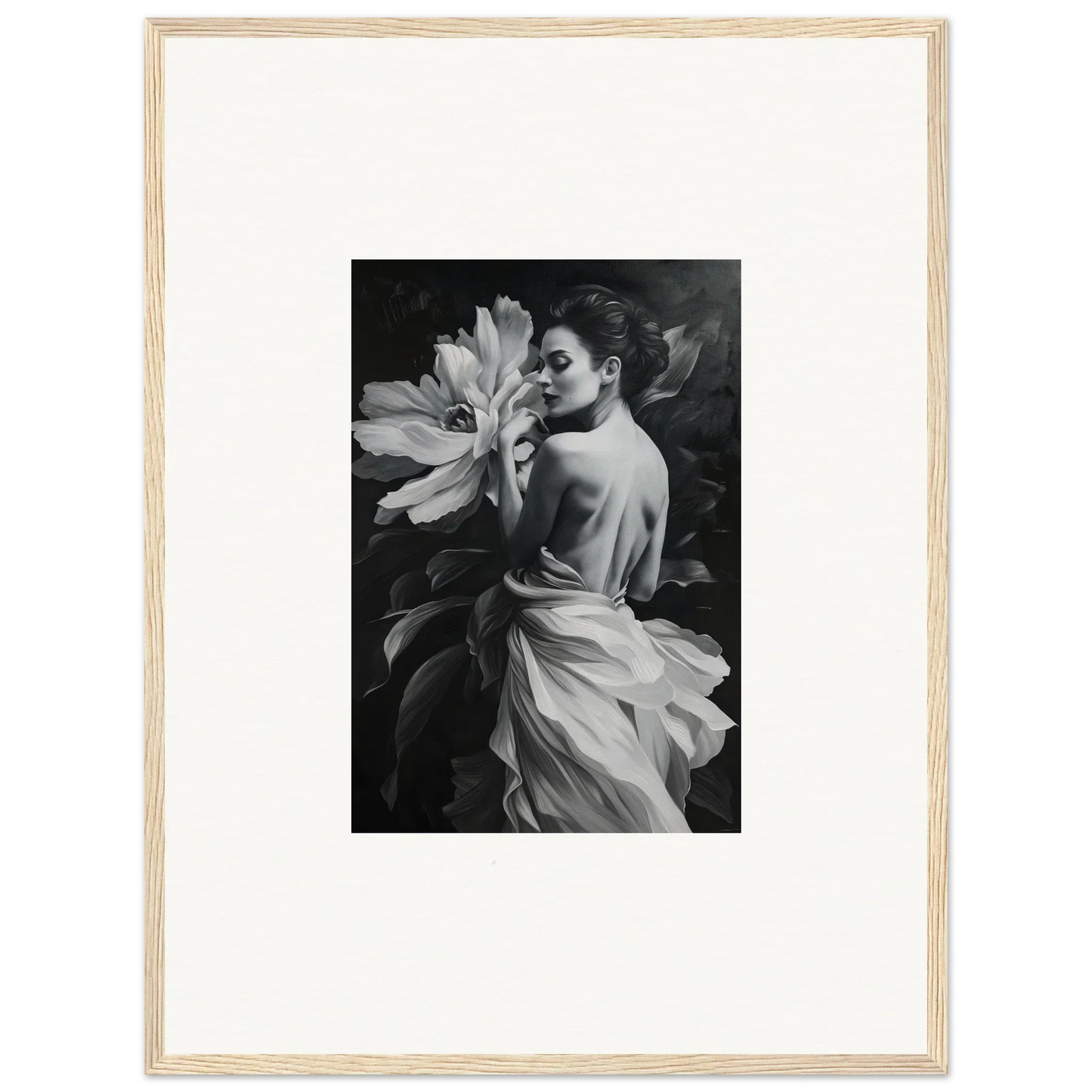 Black and white image of woman next to a large flower for Blossom Rhapsody room decor