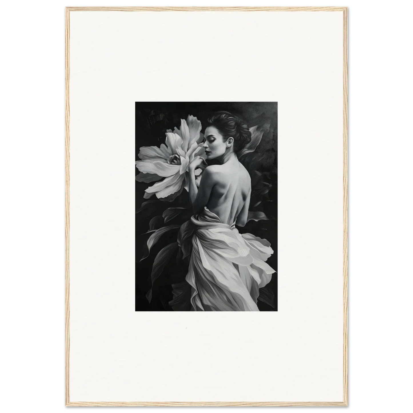 Black and white woman with flower in Solitary Blossom Rhapsody, perfect framed wall art