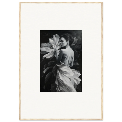 Black and white woman with flower in Solitary Blossom Rhapsody, perfect framed wall art