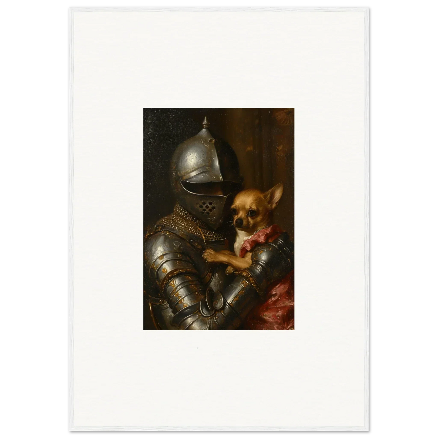 Suit of armor holding a small dog, perfect for unique room decoration canvas print