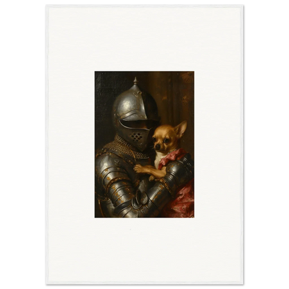 Suit of armor holding a small dog, perfect for unique room decoration canvas print