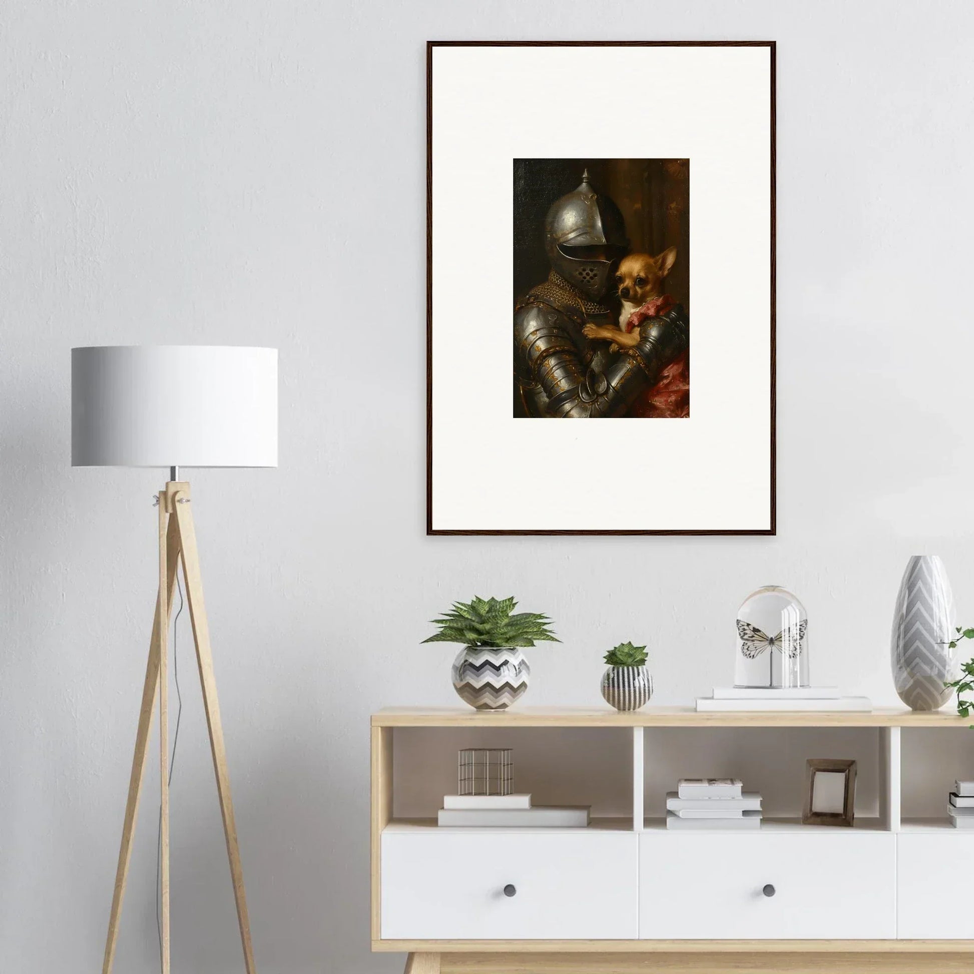 Framed wall art of a suit of armor and teddy bear for unique room decoration