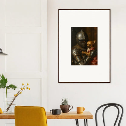 Framed wall art of a knight in armor with a dog, perfect for room decoration