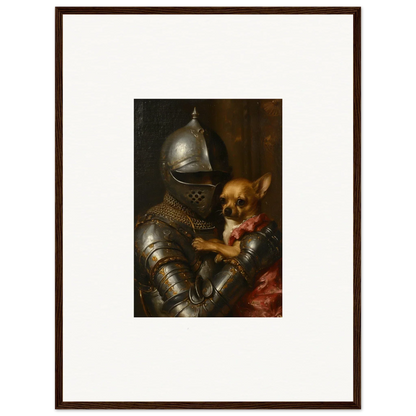 Suit of armor holding a small dog, perfect for unique wall art and room decoration