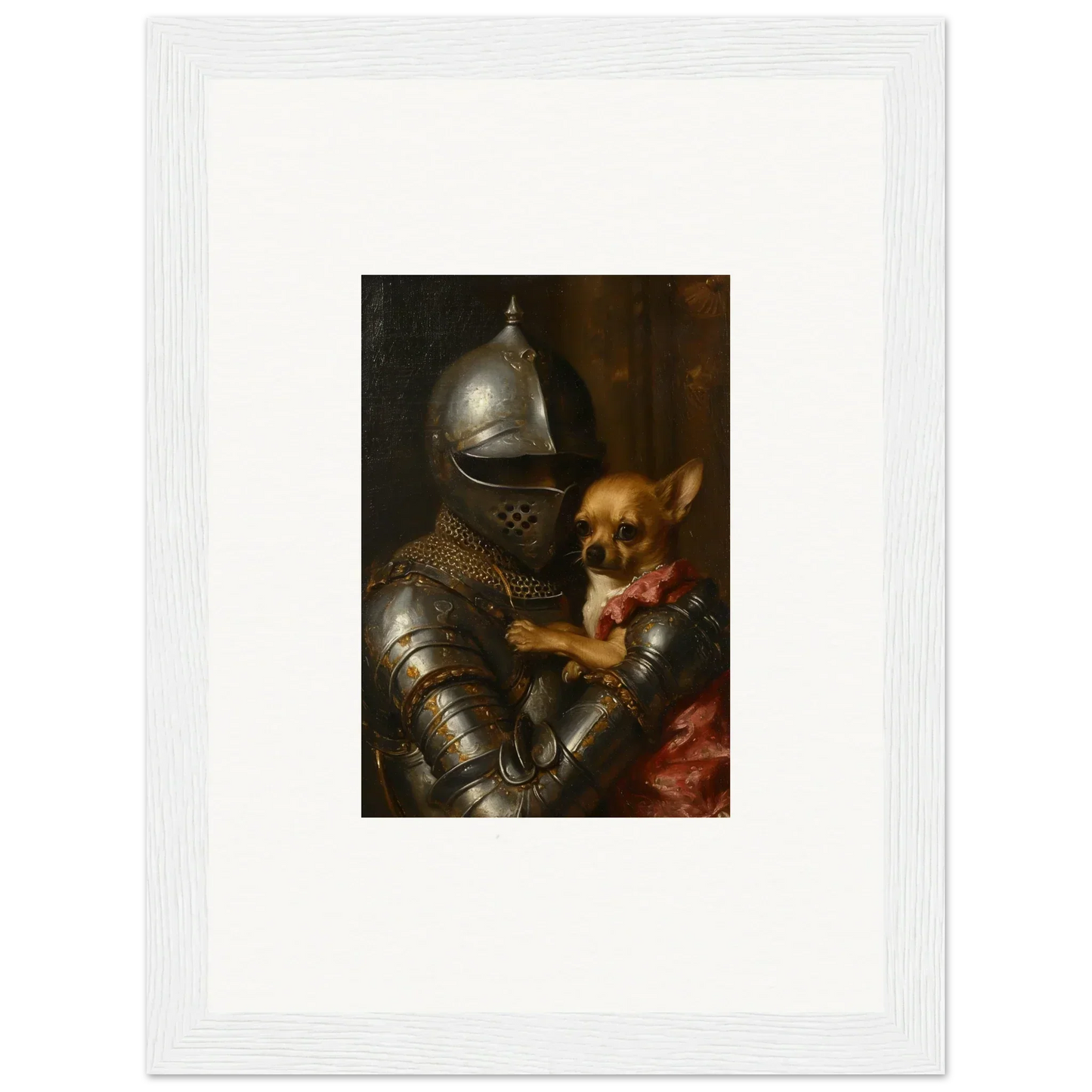 Cool suit of armor with a cute dog, perfect for unique wall art or room decoration