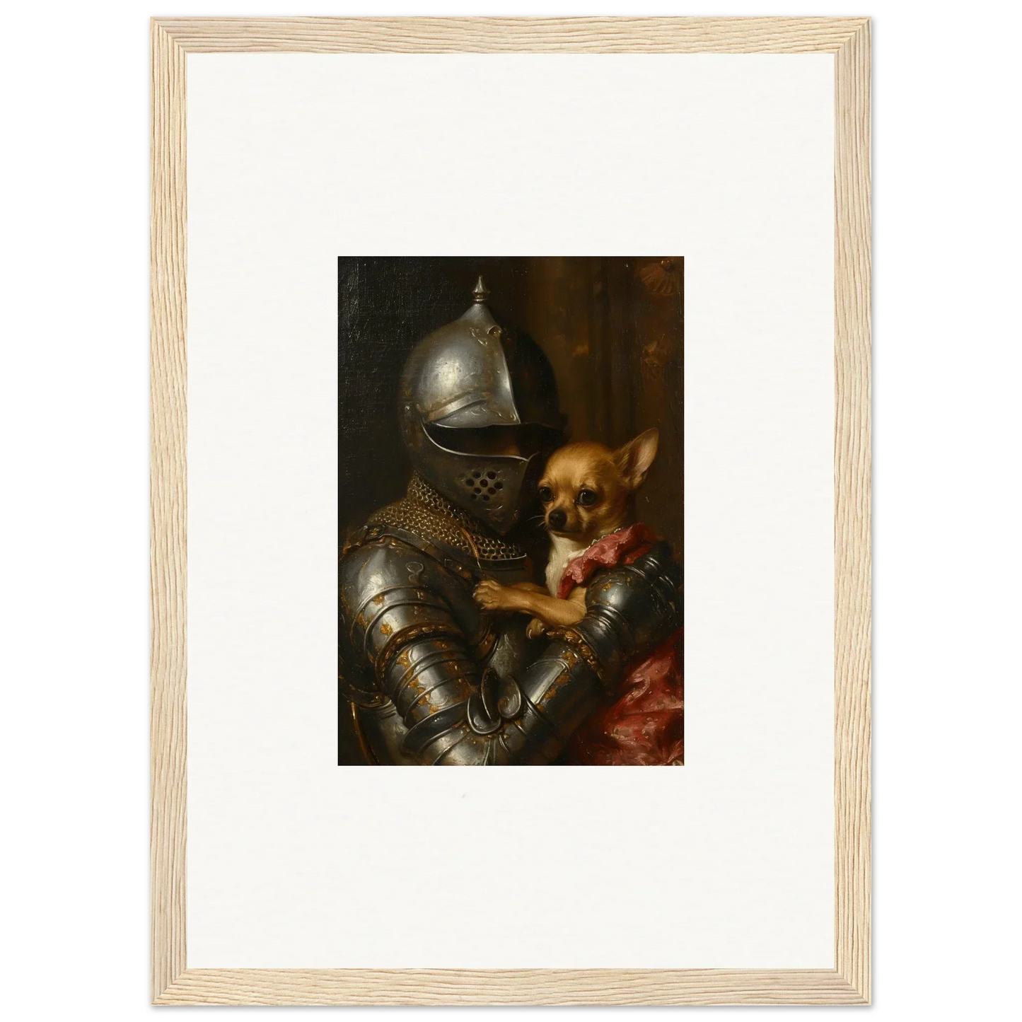 Knight in armor holding a small dog, perfect for room decoration or wall art canvas print