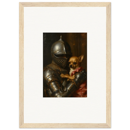 Knight in armor holding a small dog, perfect for room decoration or wall art canvas print