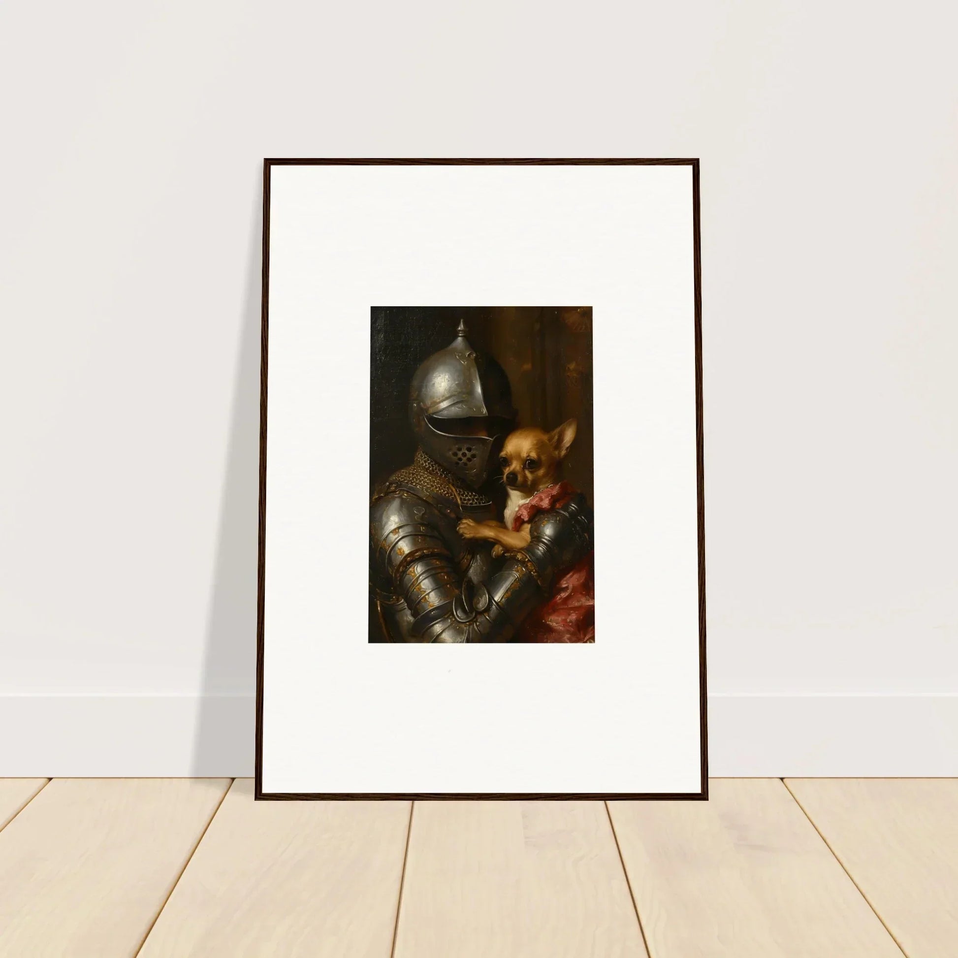 Framed wall art of a knight in armor with a small dog, perfect for room decoration