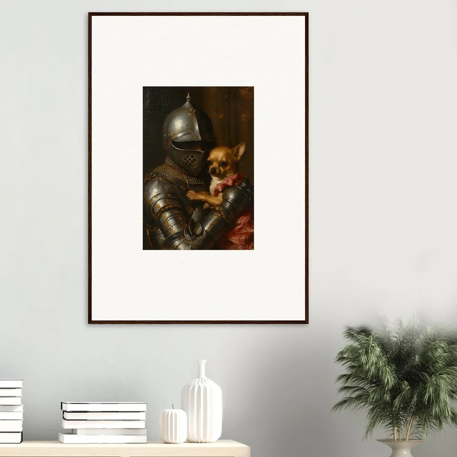 Framed wall art of a knight in armor with a dog, perfect for room decoration