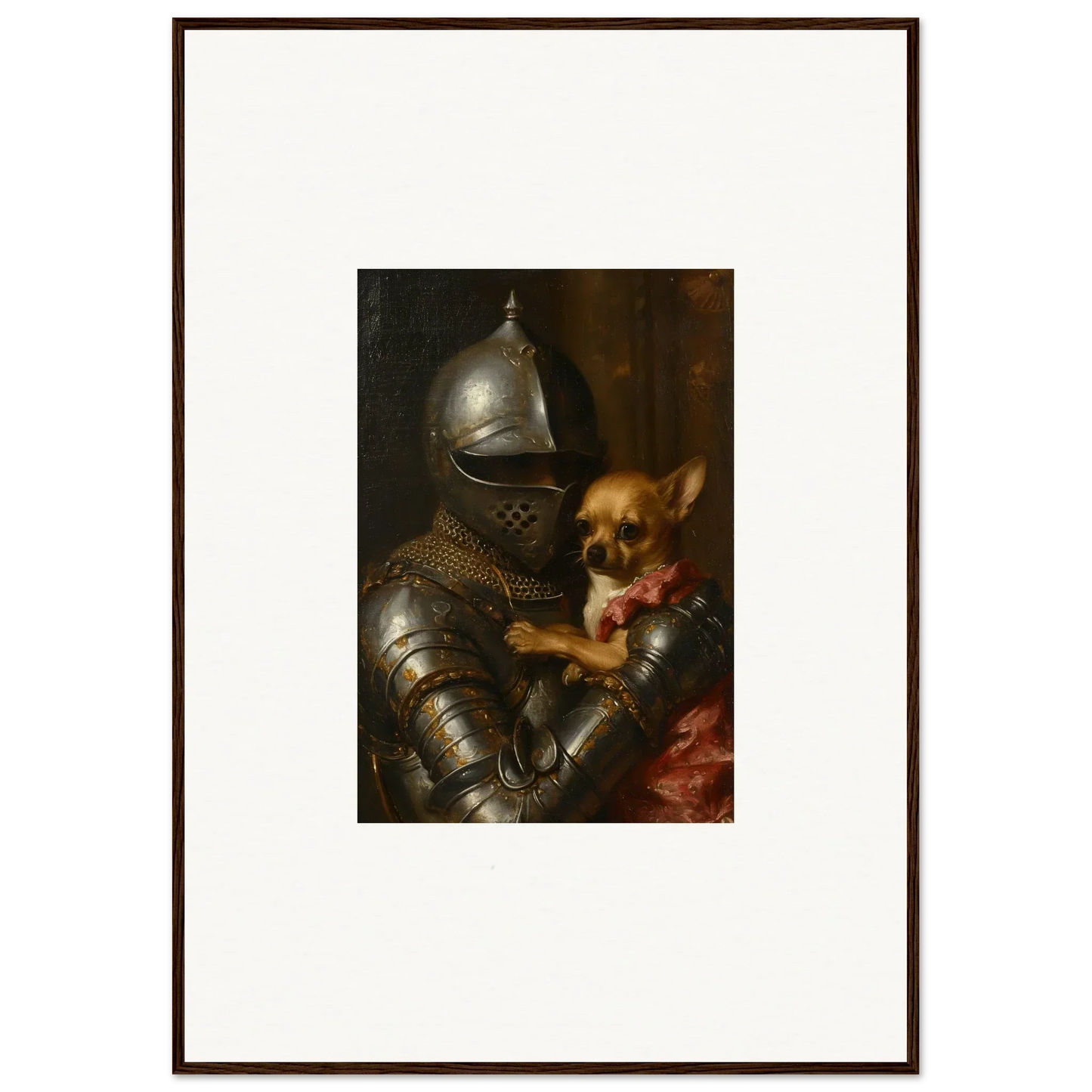 Suit of armor holding a small dog, unique room decoration canvas print wall art