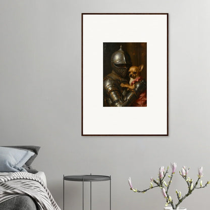 Framed wall art of a suit of armor and small dog, perfect for room decoration