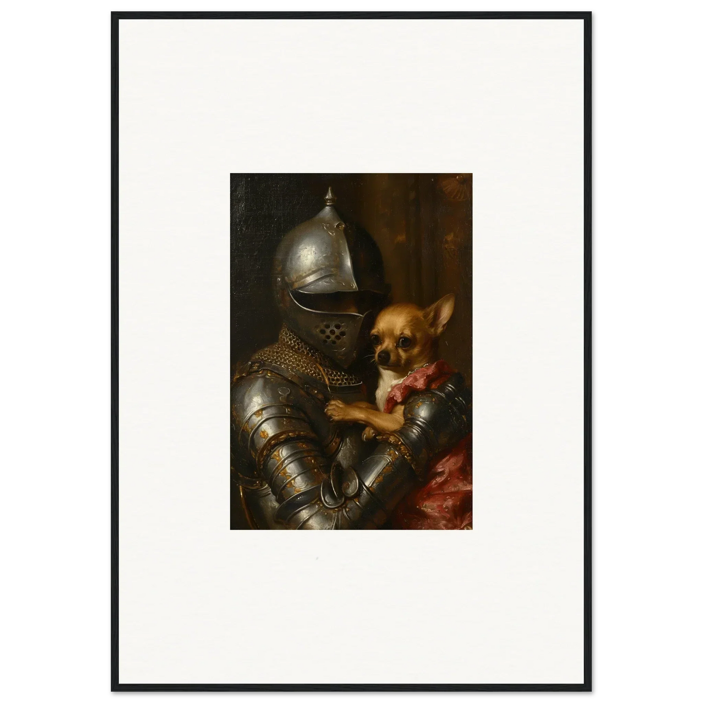 Suit of armor holding a small dog, unique canvas print for cool room decoration