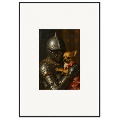 Suit of armor holding a small dog, unique canvas print for cool room decoration