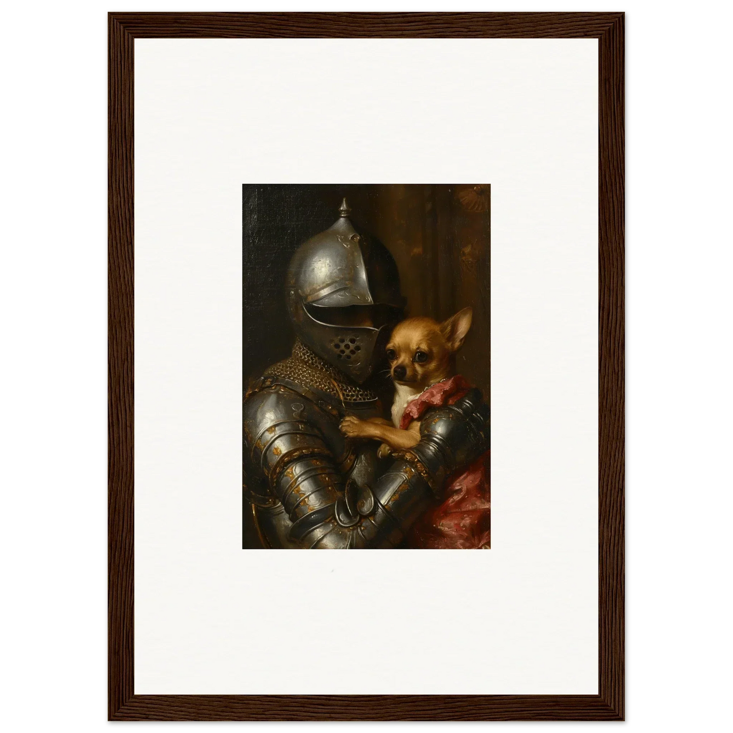 Suit of armor embracing a small dog, perfect for unique wall art and room decoration