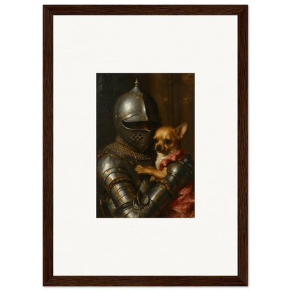 Suit of armor embracing a small dog, perfect for unique wall art and room decoration