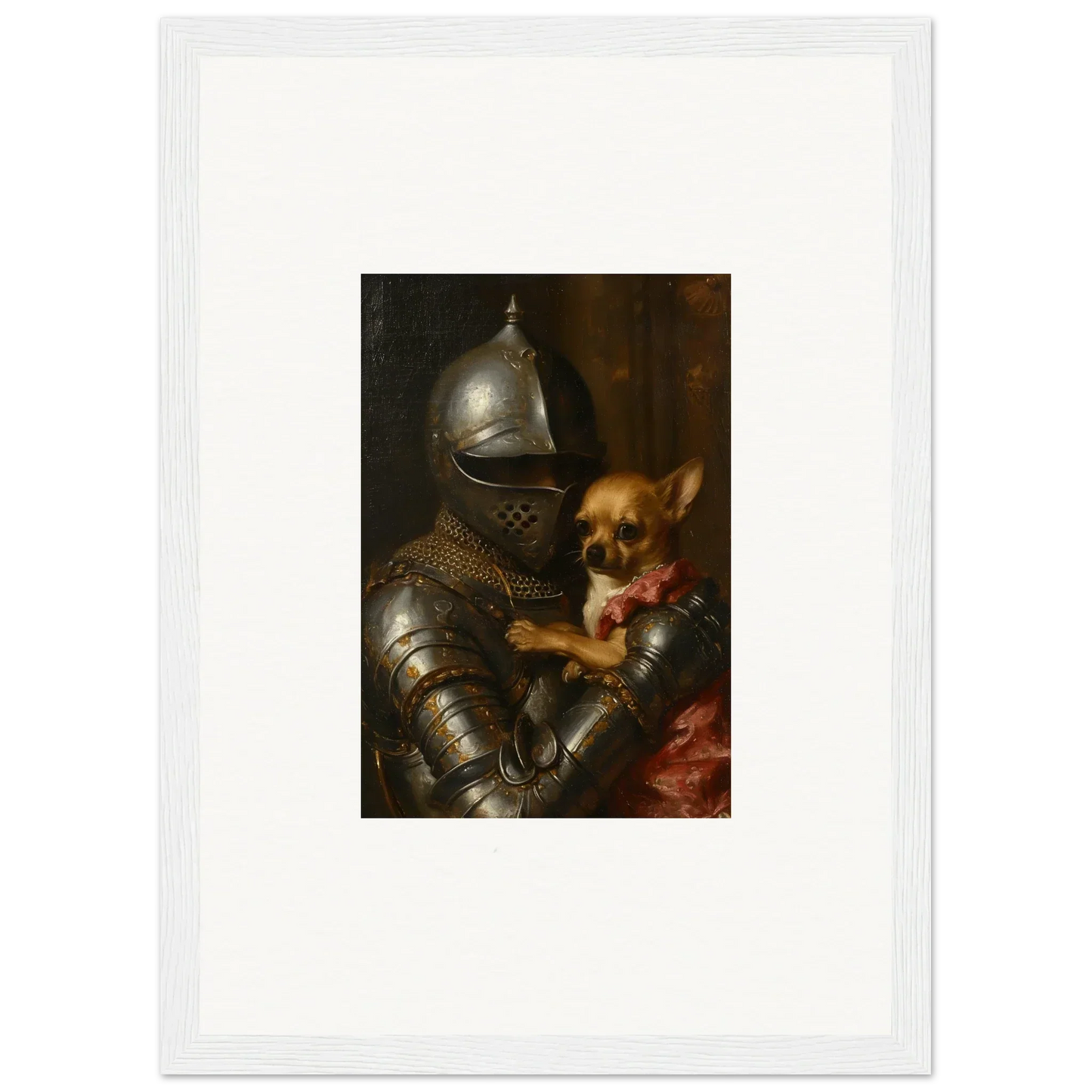 Suit of armor holding a small dog, perfect for unique wall art and room decoration