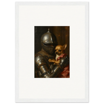 Suit of armor holding a small dog, perfect for unique wall art and room decoration