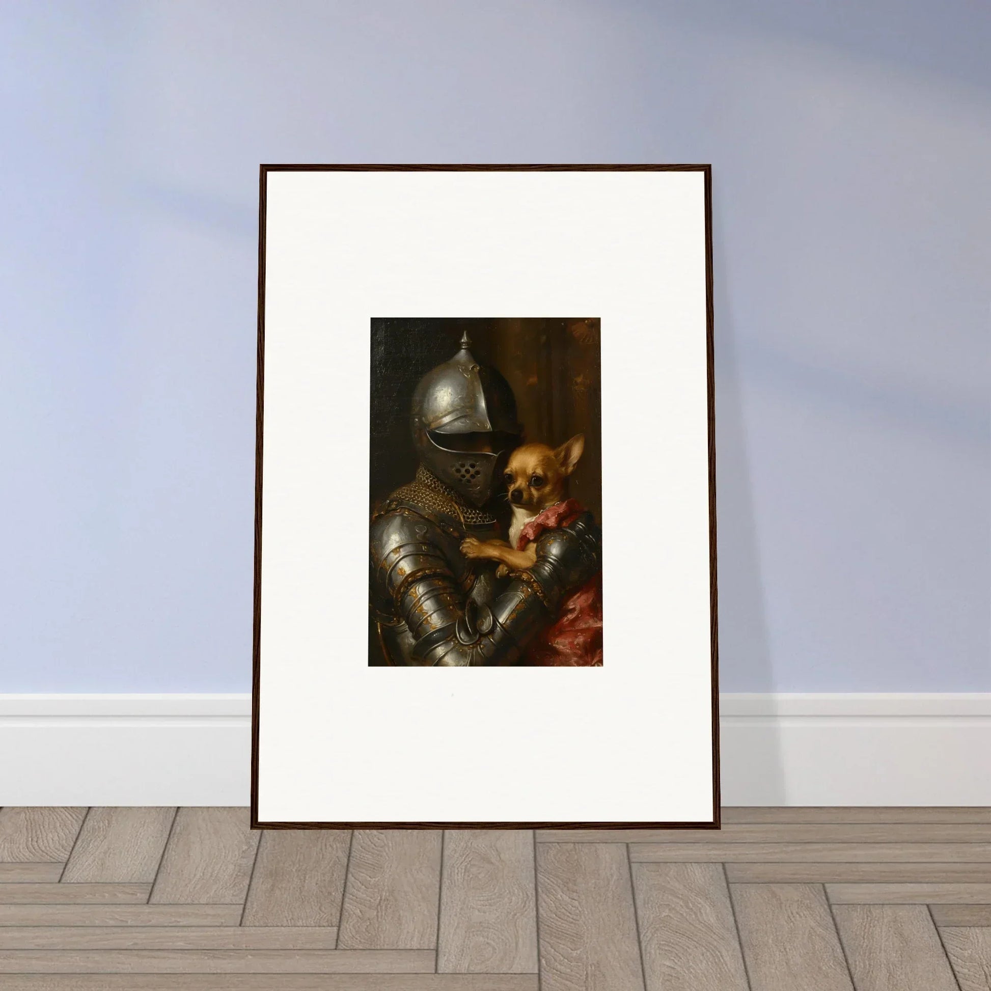 Framed wall art of a knight with a teddy bear, perfect for unique room decoration