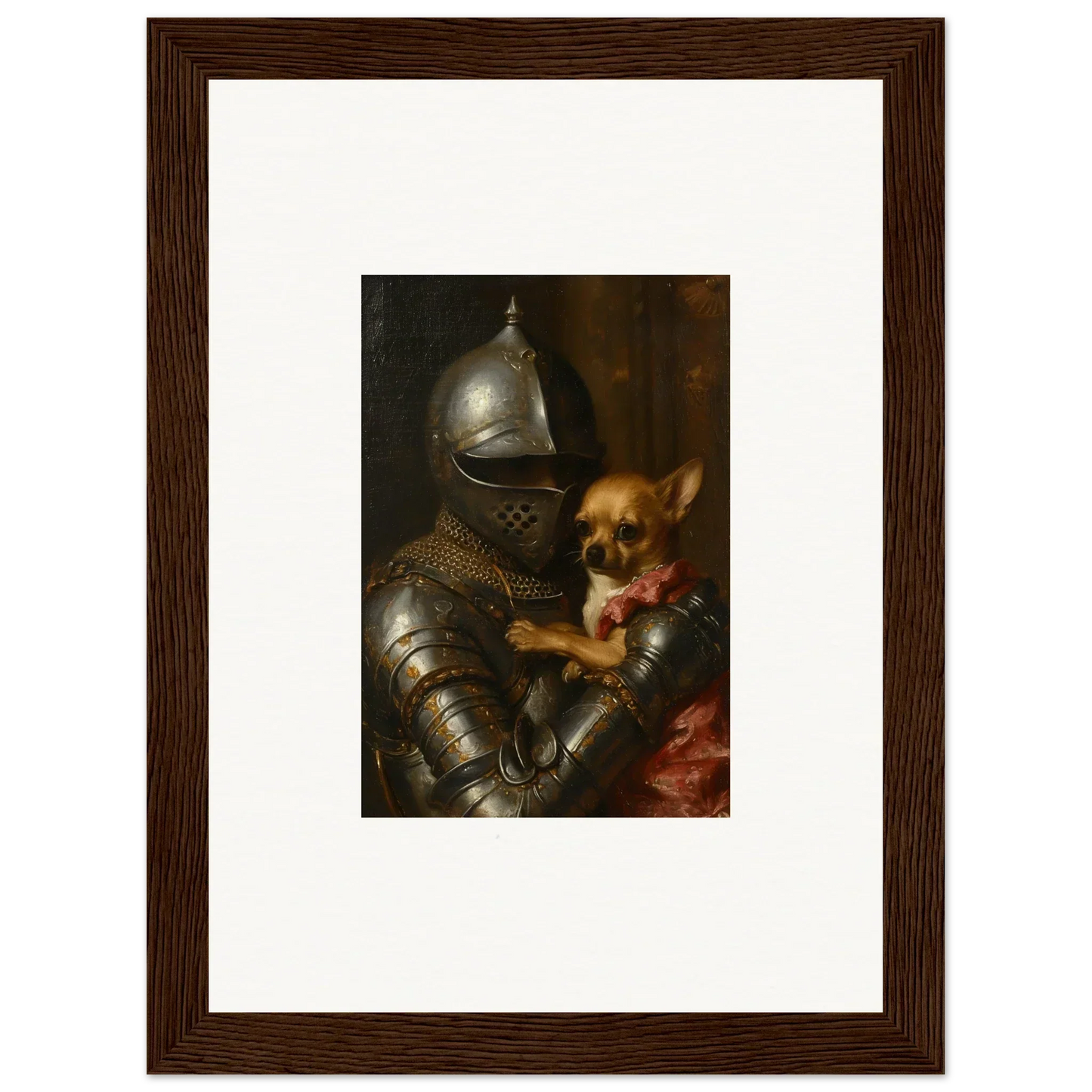 Suit of armor holding a small dog, perfect for quirky wall art or room decoration