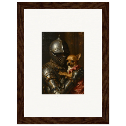 Suit of armor holding a small dog, perfect for quirky wall art or room decoration