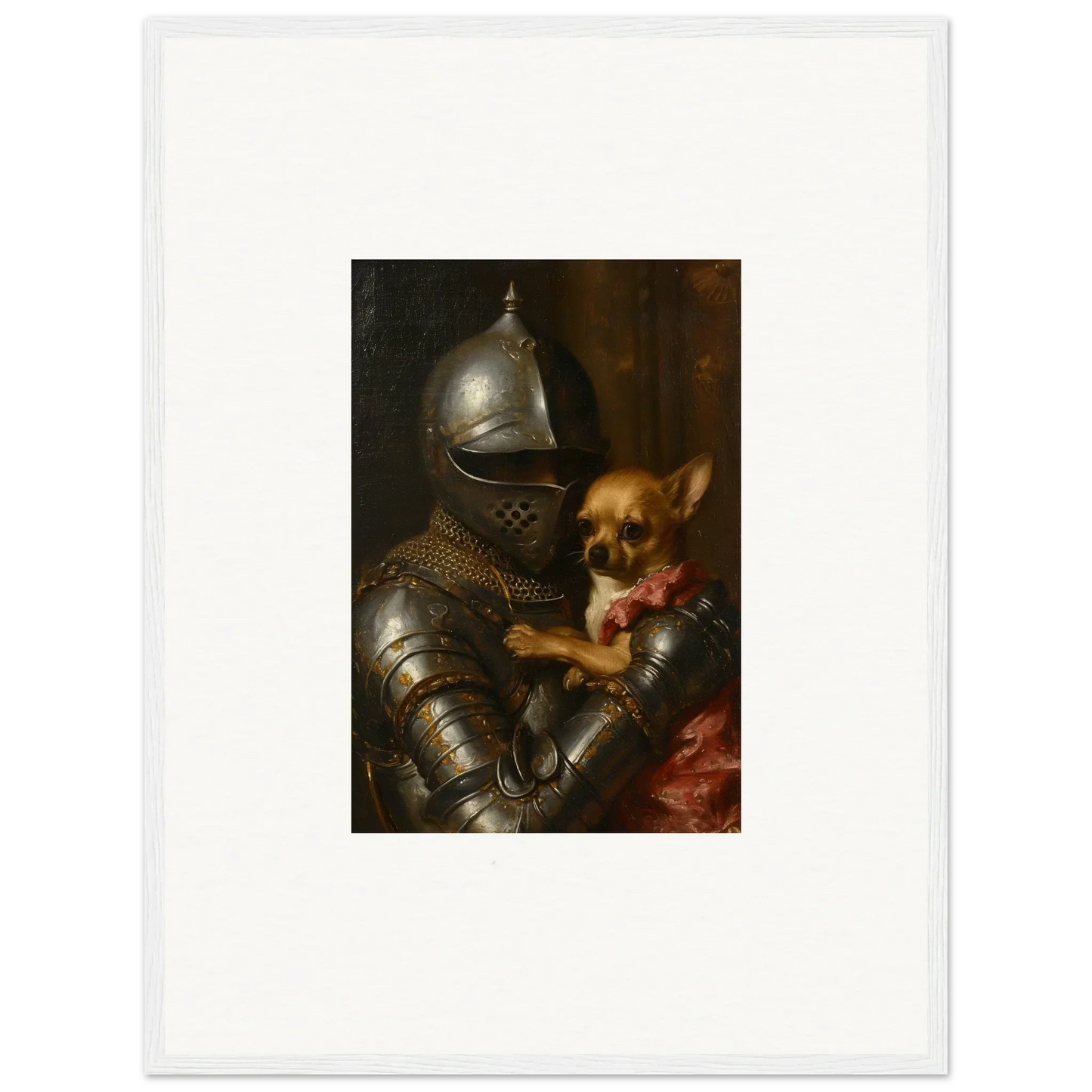 Suit of armor cradling a small dog, perfect for unique room decoration wall art