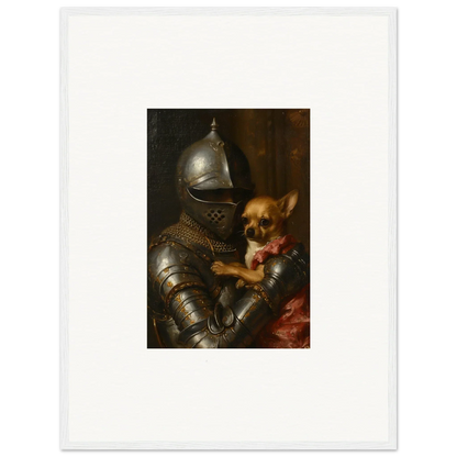 Suit of armor cradling a small dog, perfect for unique room decoration wall art