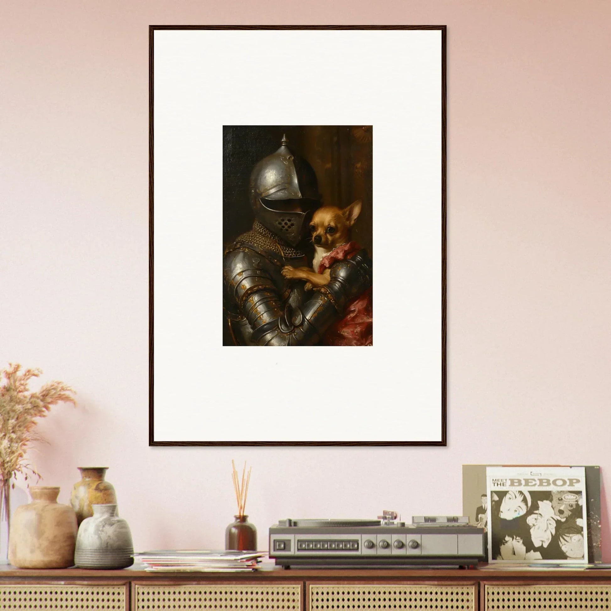 Framed wall art of a knight in armor with a dog, perfect for room decoration