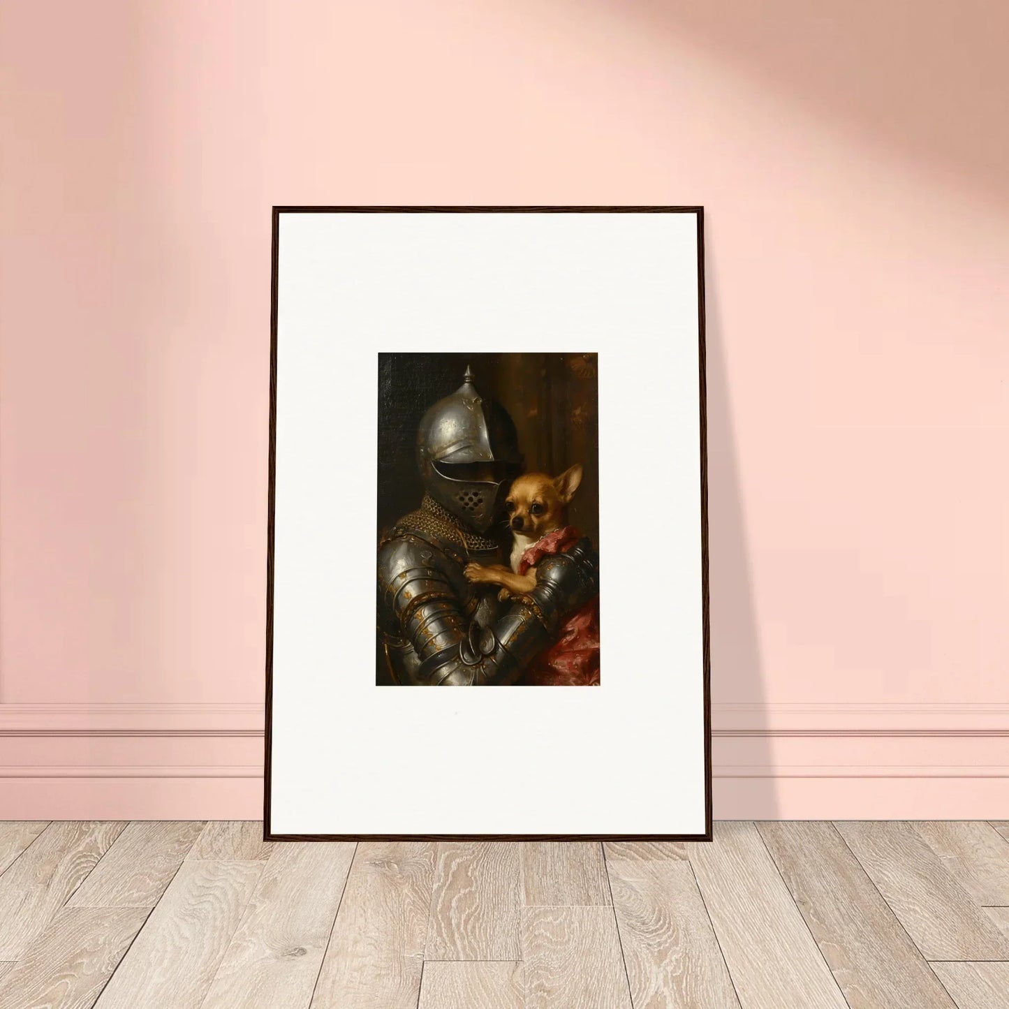 Framed canvas print of a medieval knight with a dog, perfect wall art for room decoration