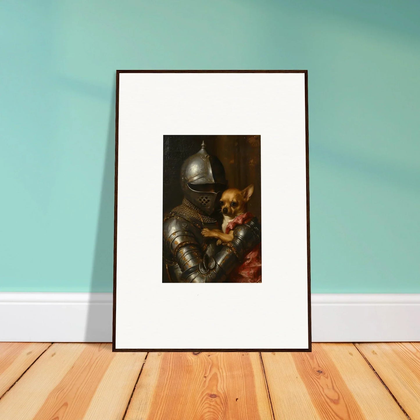 Framed wall art of a knight in armor with a dog for cozy room decoration