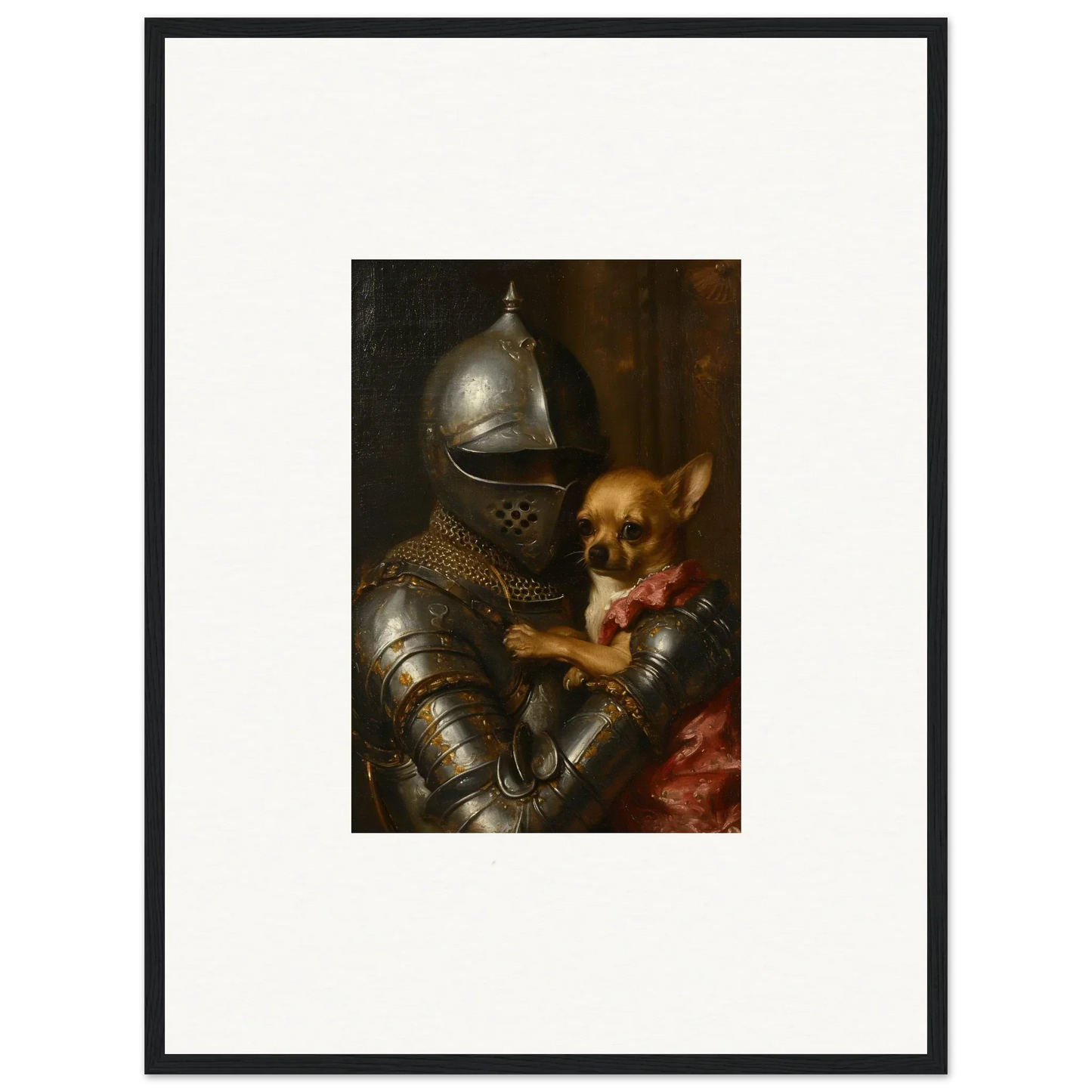 Suit of armor with a small dog for quirky room decoration wall art