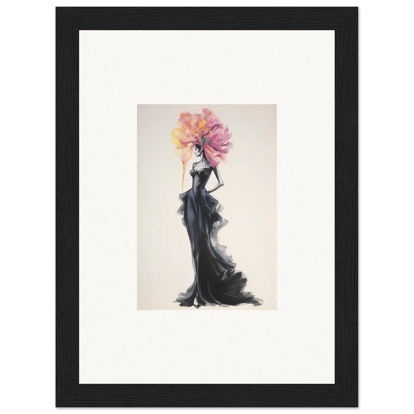 Elegant fashion illustration of a figure in a black gown for premium framed wall art