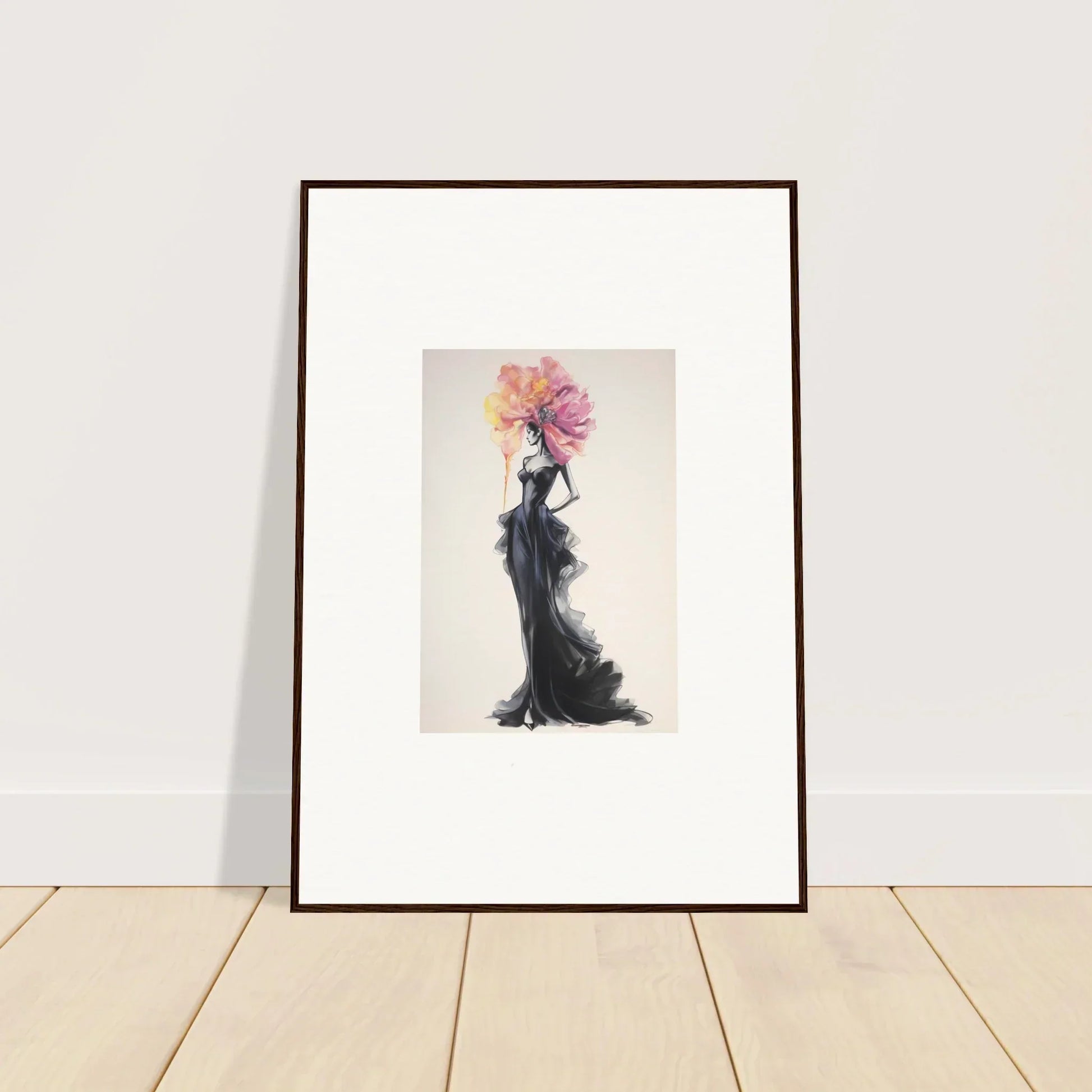 Framed wall art Sombras de Blossoms features a figure in a flowing black dress with flowers