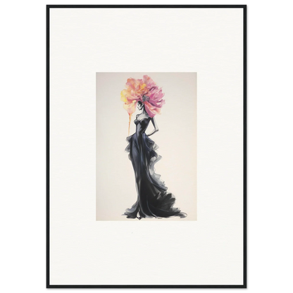 Elegant fashion illustration in flowing black gown with floral headpiece for premium framed wall art