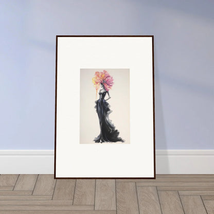 Framed wall art featuring a figure in a black dress with floral design, Sombras de Blossoms