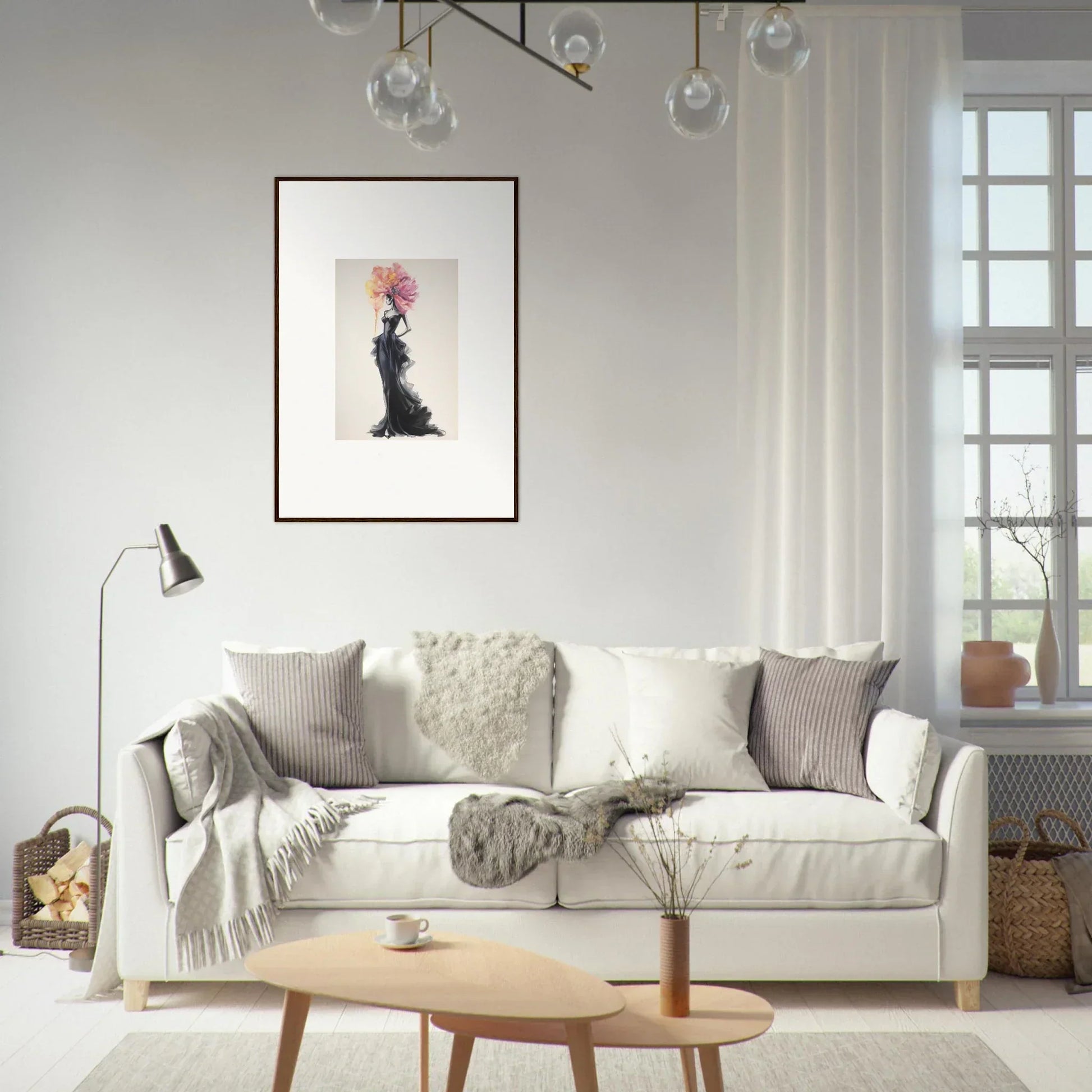 White sofa styled with gray and cream throw pillows, perfect for Sombras de Blossoms special edition art™